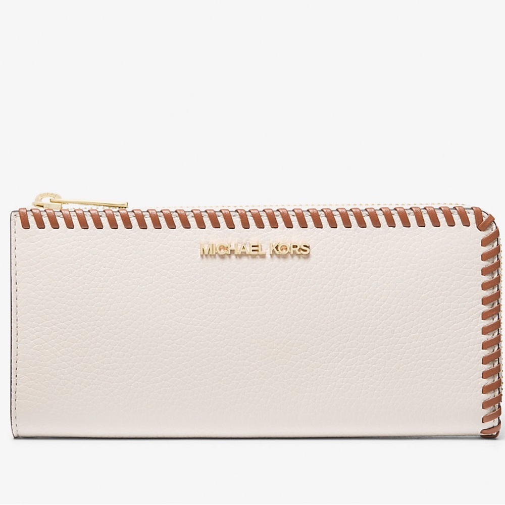 MICHAEL KORS Jet Set Travel Leather Gold-Tone Hardware Quarter Zip Wallet NWT